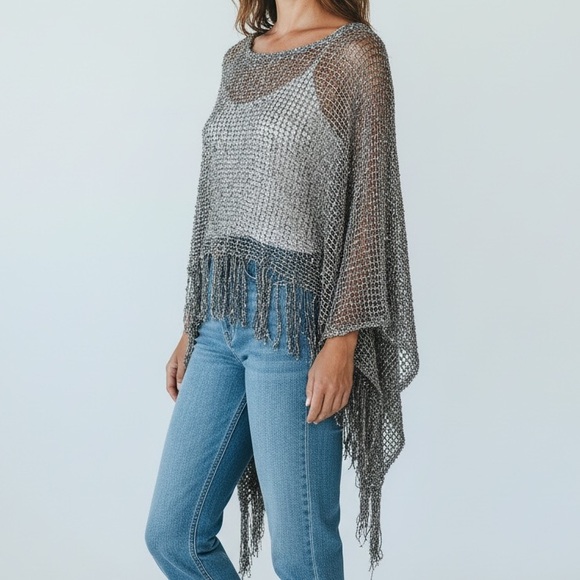 Women’s Fringe Sweater Cover Up in Blue - Picture 2 of 5